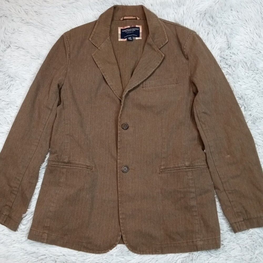 Vintage American Eagle Jacket Mens M Brown Suit Coat Button Up Y2K Pockets Patch